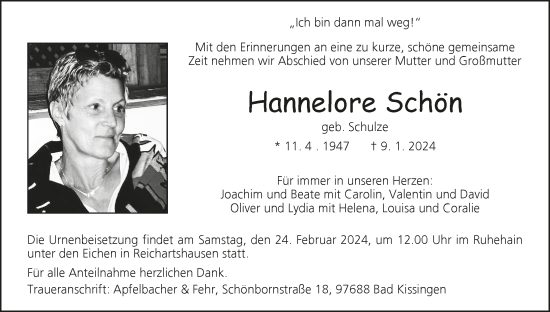 Anzeige von Hannelore Schön von MGO