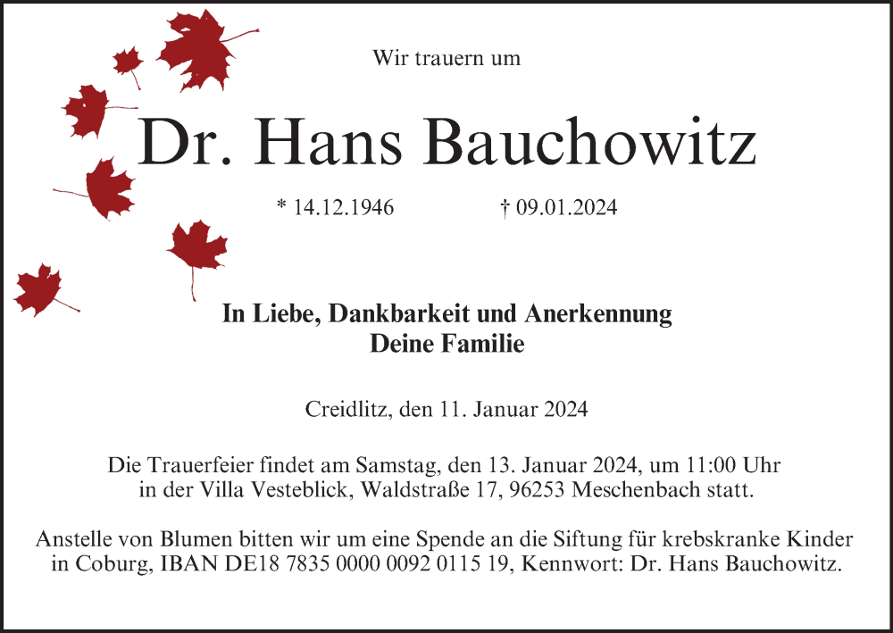  Traueranzeige für Hans Bauchowitz vom 11.01.2024 aus MGO