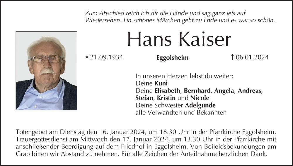  Traueranzeige für Hans Kaiser vom 10.01.2024 aus MGO