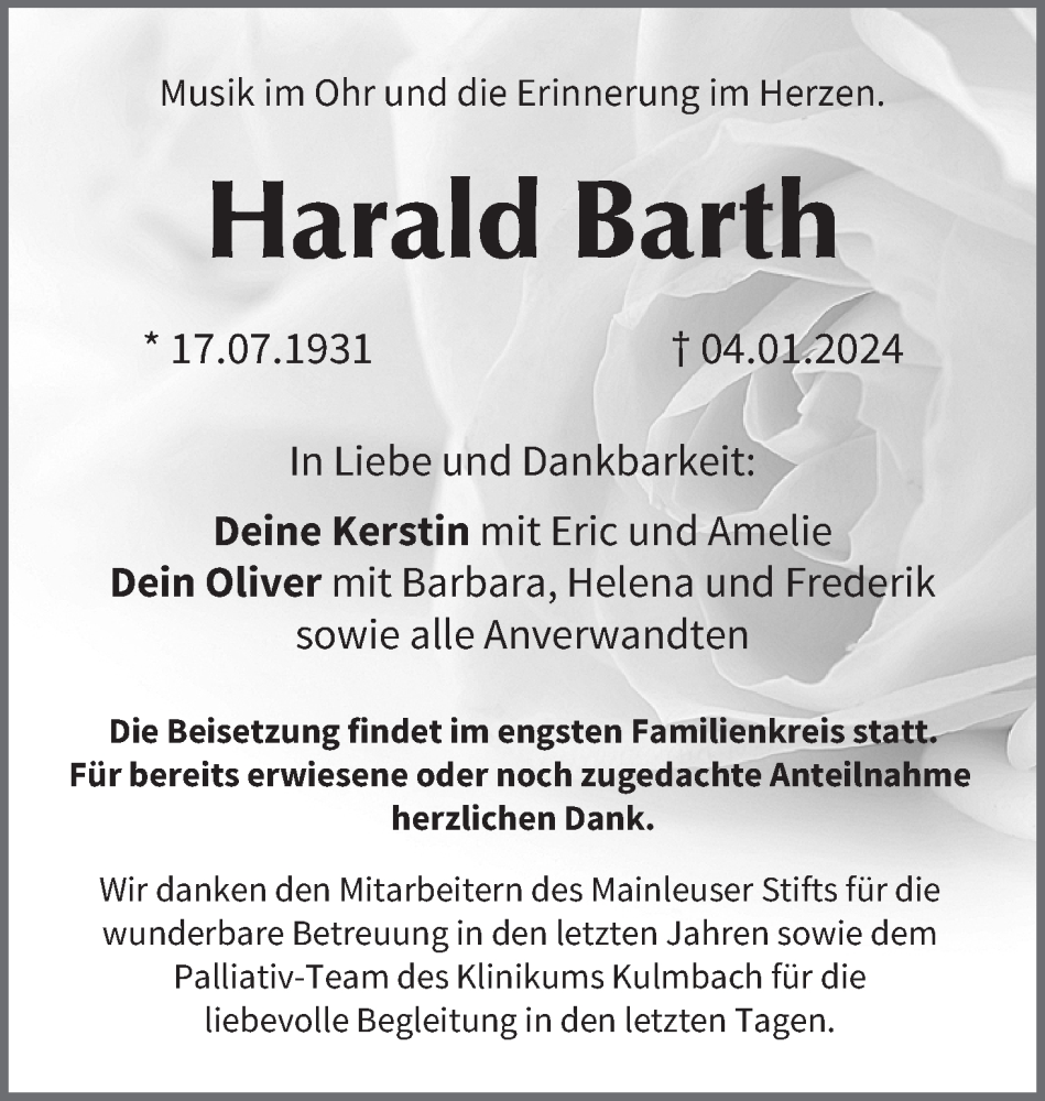  Traueranzeige für Harald Barth vom 05.01.2024 aus MGO