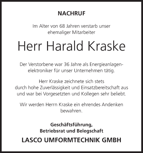 Anzeige von Harald Kraske von MGO