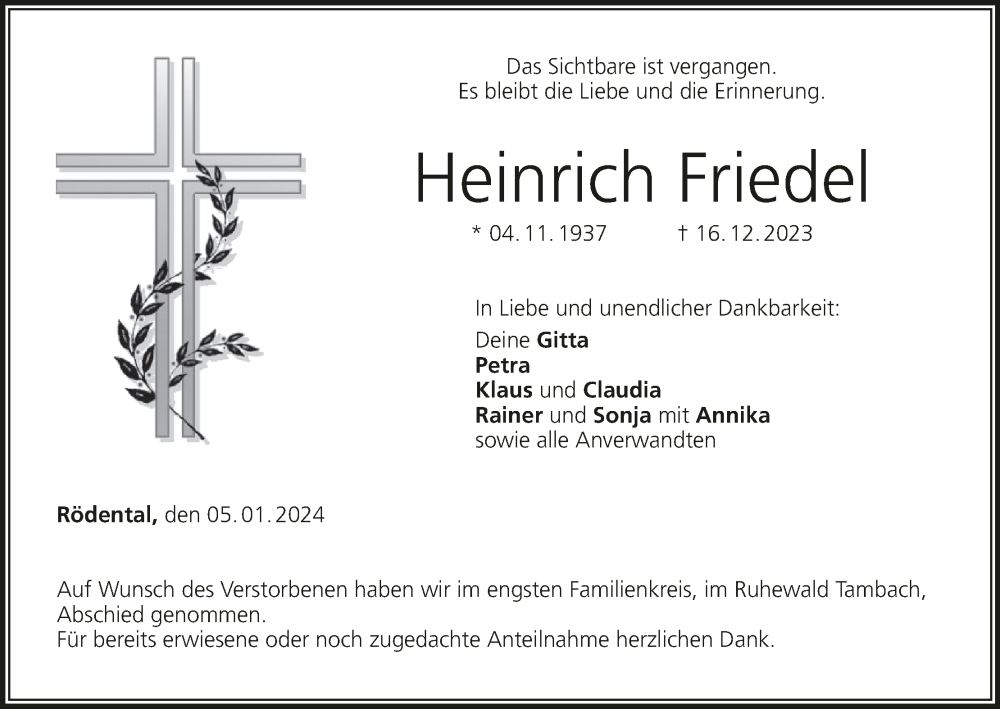  Traueranzeige für Heinrich Friedel vom 05.01.2024 aus MGO