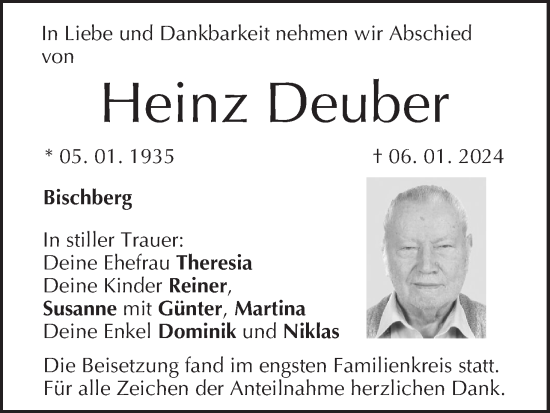 Anzeige von Heinz Deuber von MGO