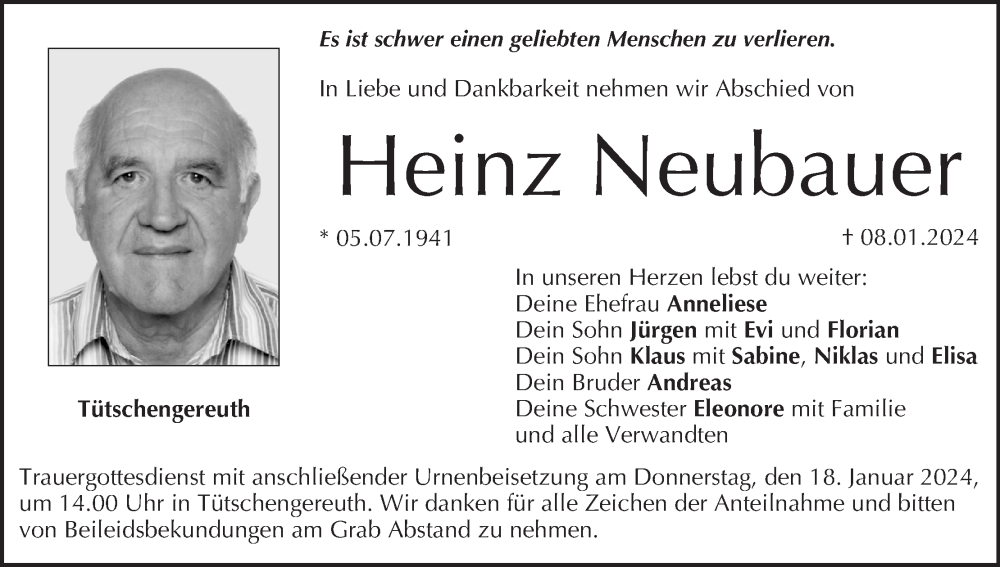  Traueranzeige für Heinz Neubauer vom 13.01.2024 aus MGO