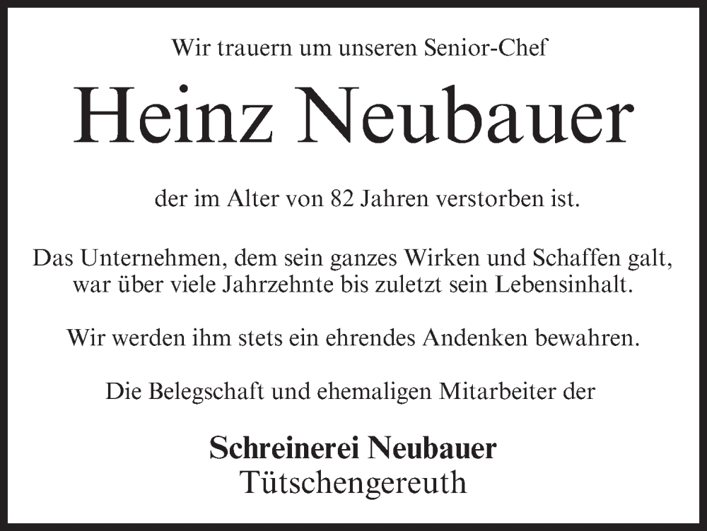  Traueranzeige für Heinz Neubauer vom 13.01.2024 aus MGO