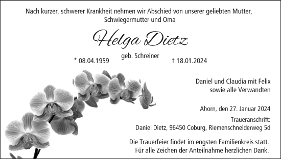 Anzeige von Helga Dietz von MGO