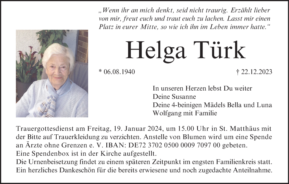  Traueranzeige für Helga Türk vom 13.01.2024 aus MGO