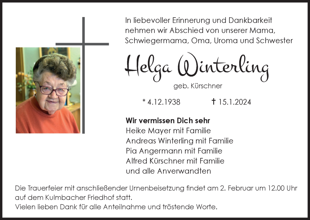  Traueranzeige für Helga Winterling vom 23.01.2024 aus MGO