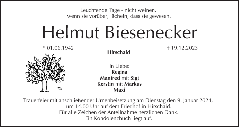  Traueranzeige für Helmut Biesenecker vom 05.01.2024 aus MGO