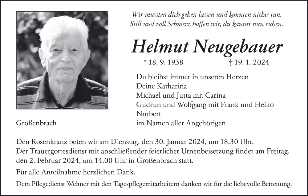  Traueranzeige für Helmut Neugebauer vom 27.01.2024 aus MGO