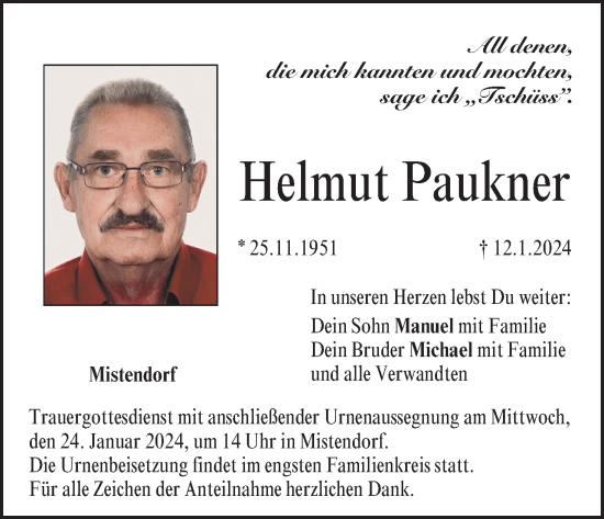 Anzeige von Helmut Paukner von MGO