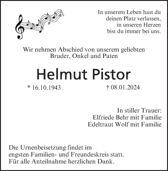 Anzeige von Helmut Pistor von MGO