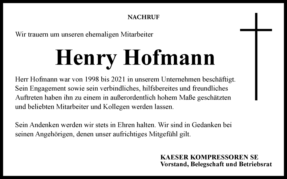  Traueranzeige für Henry Hofmann vom 10.01.2024 aus MGO