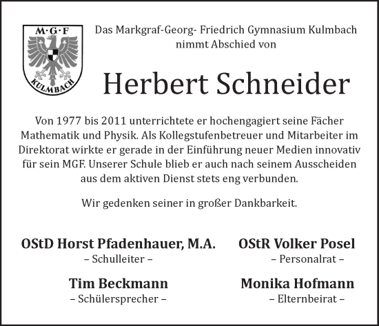 Anzeige von Herbert Schneider von MGO