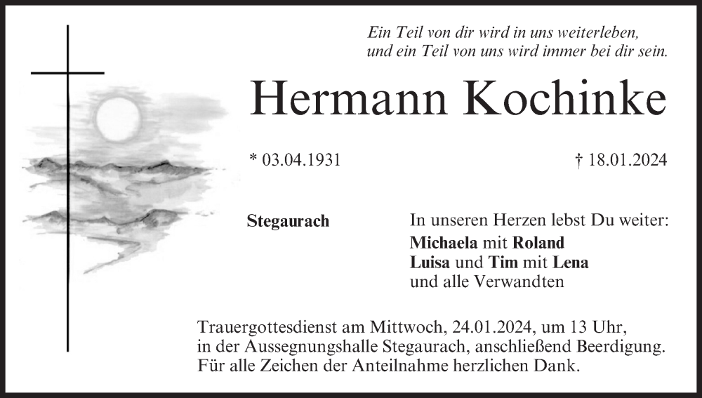  Traueranzeige für Hermann Kochinke vom 20.01.2024 aus MGO
