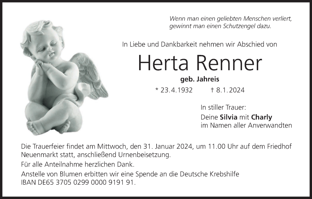  Traueranzeige für Herta Renner vom 26.01.2024 aus MGO