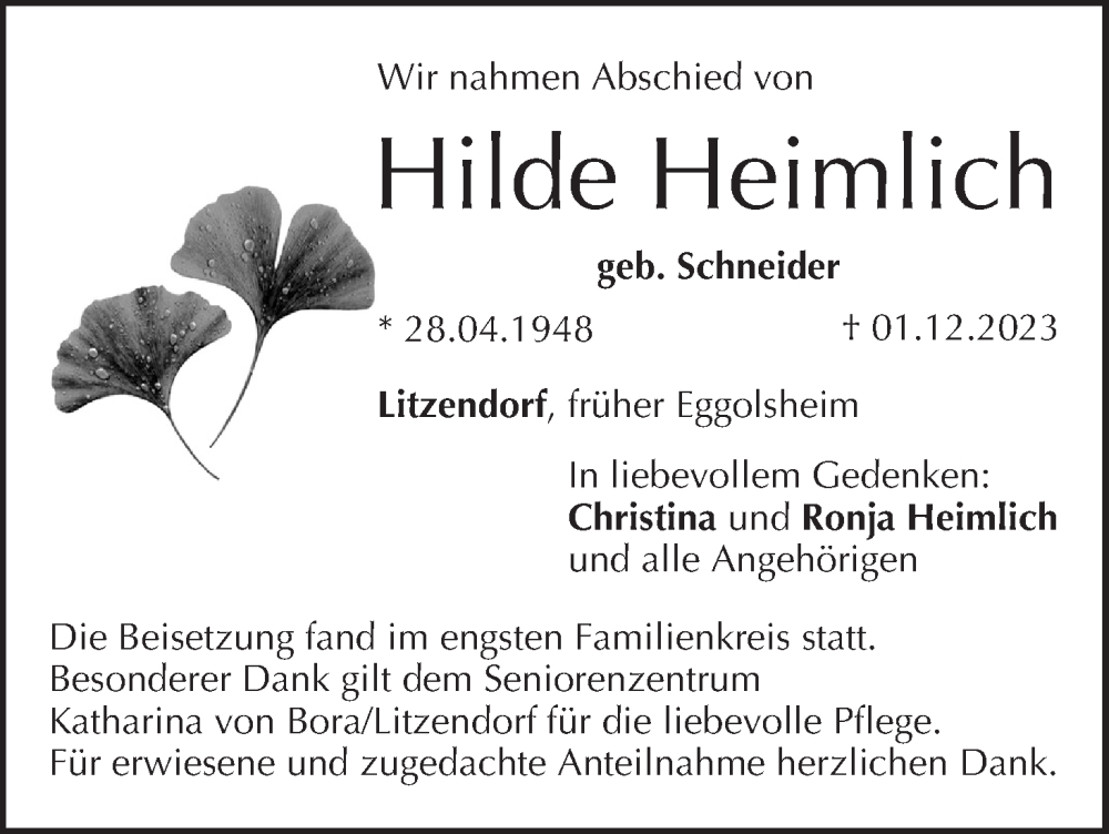  Traueranzeige für Hilde Heimlich vom 13.01.2024 aus MGO