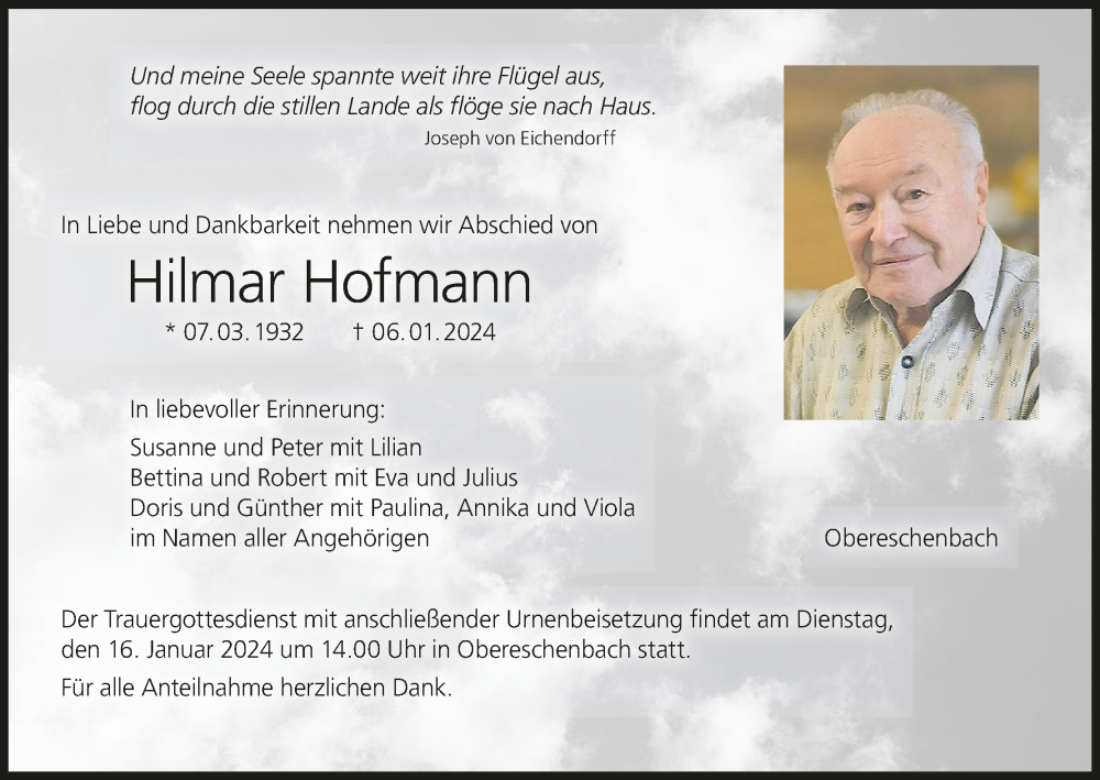  Traueranzeige für Hilmar Hofmann vom 13.01.2024 aus MGO