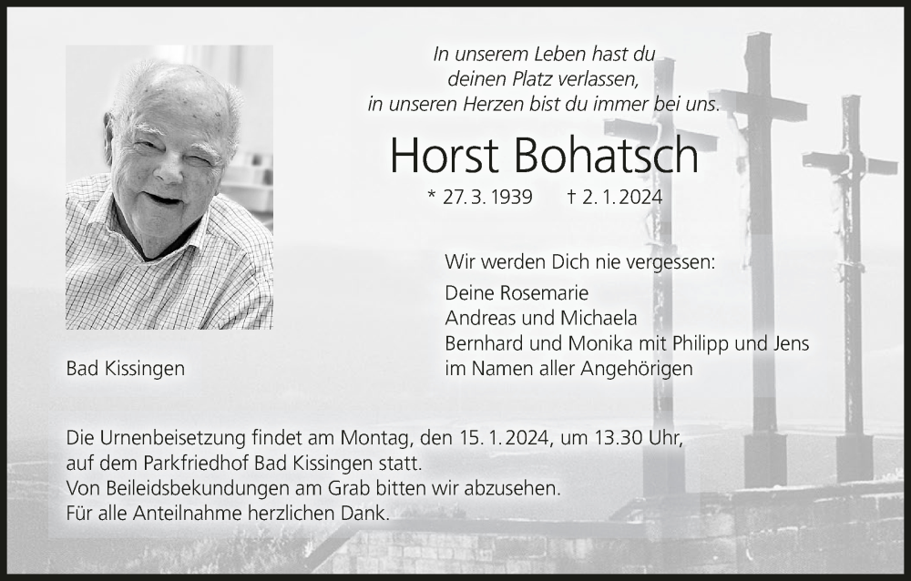  Traueranzeige für Horst Bohatsch vom 13.01.2024 aus MGO