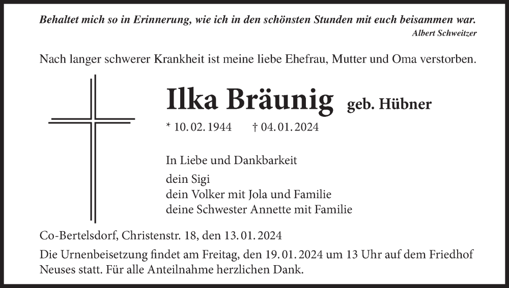  Traueranzeige für Ilka Bräunig vom 13.01.2024 aus MGO