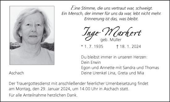 Anzeige von Inge Markert von MGO