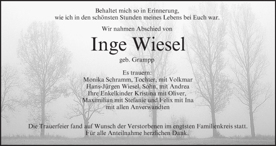 Anzeige von Inge Wiesel von MGO