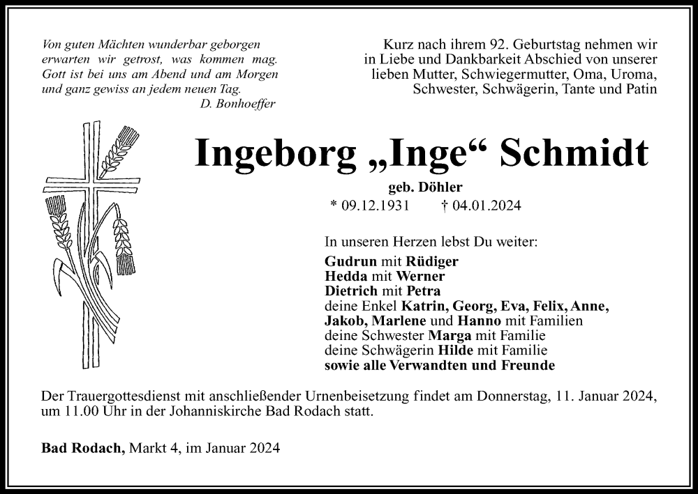  Traueranzeige für Ingeborg Schmidt vom 09.01.2024 aus MGO