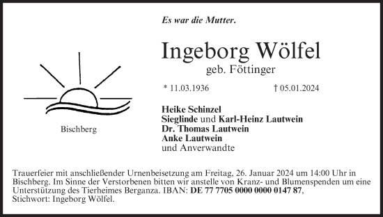 Anzeige von Ingeborg Wölfel von MGO