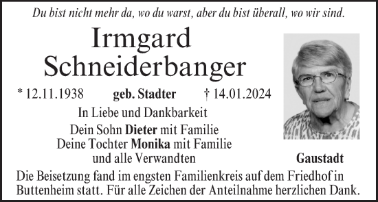 Anzeige von Irmgard Schneiderbanger von MGO