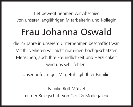 Anzeige von Johanna Oswald von MGO