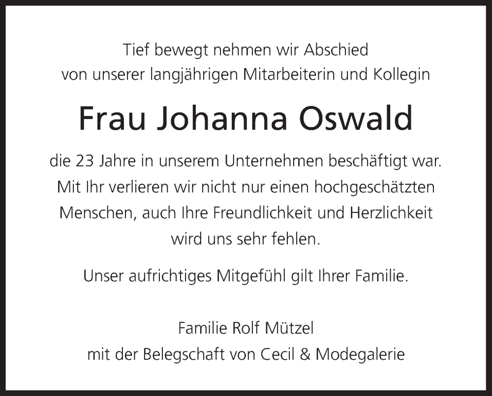  Traueranzeige für Johanna Oswald vom 13.01.2024 aus MGO