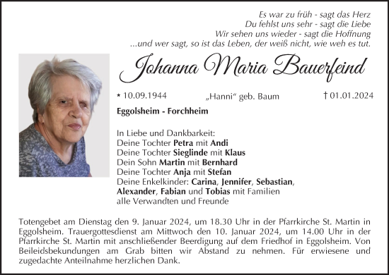 Anzeige von Johanna Maria Bauerfeind von MGO