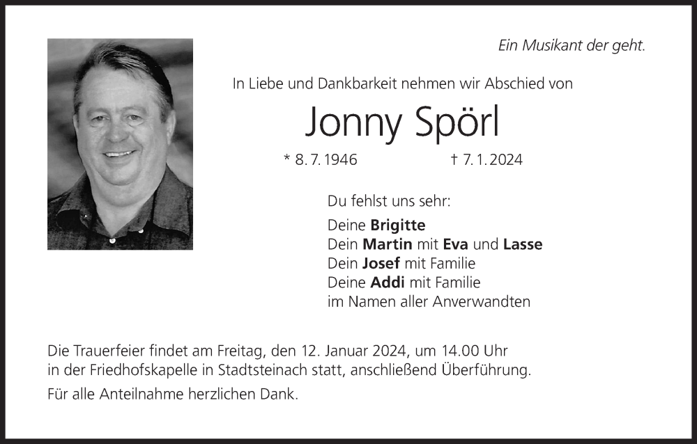  Traueranzeige für Jonny Spörl vom 10.01.2024 aus MGO