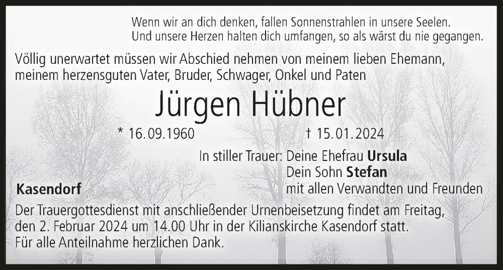  Traueranzeige für Jürgen Hübner vom 27.01.2024 aus MGO