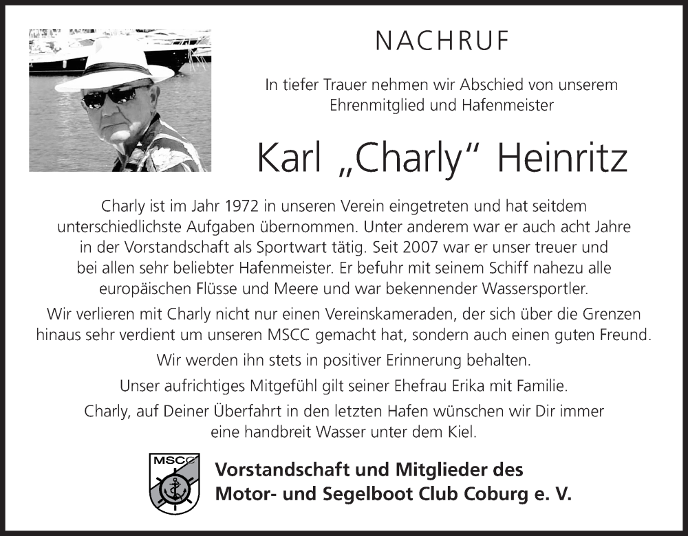  Traueranzeige für Karl Heinritz vom 13.01.2024 aus MGO