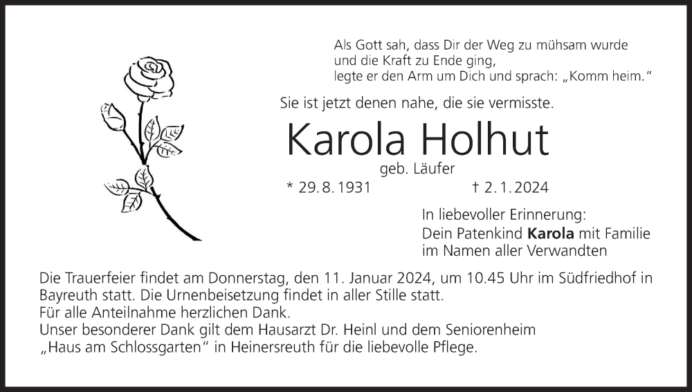  Traueranzeige für Karola Holhut vom 08.01.2024 aus MGO