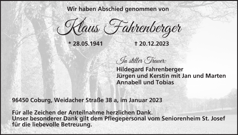  Traueranzeige für Klaus Fahrenberger vom 13.01.2024 aus MGO