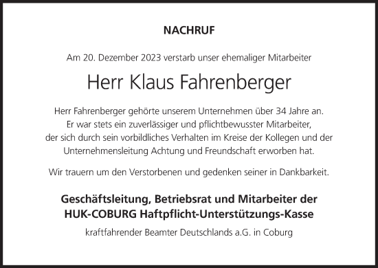 Anzeige von Klaus Fahrenberger von MGO