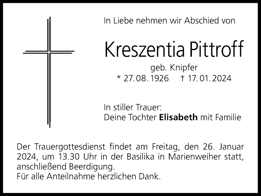  Traueranzeige für Kreszentia Pittroff vom 24.01.2024 aus MGO