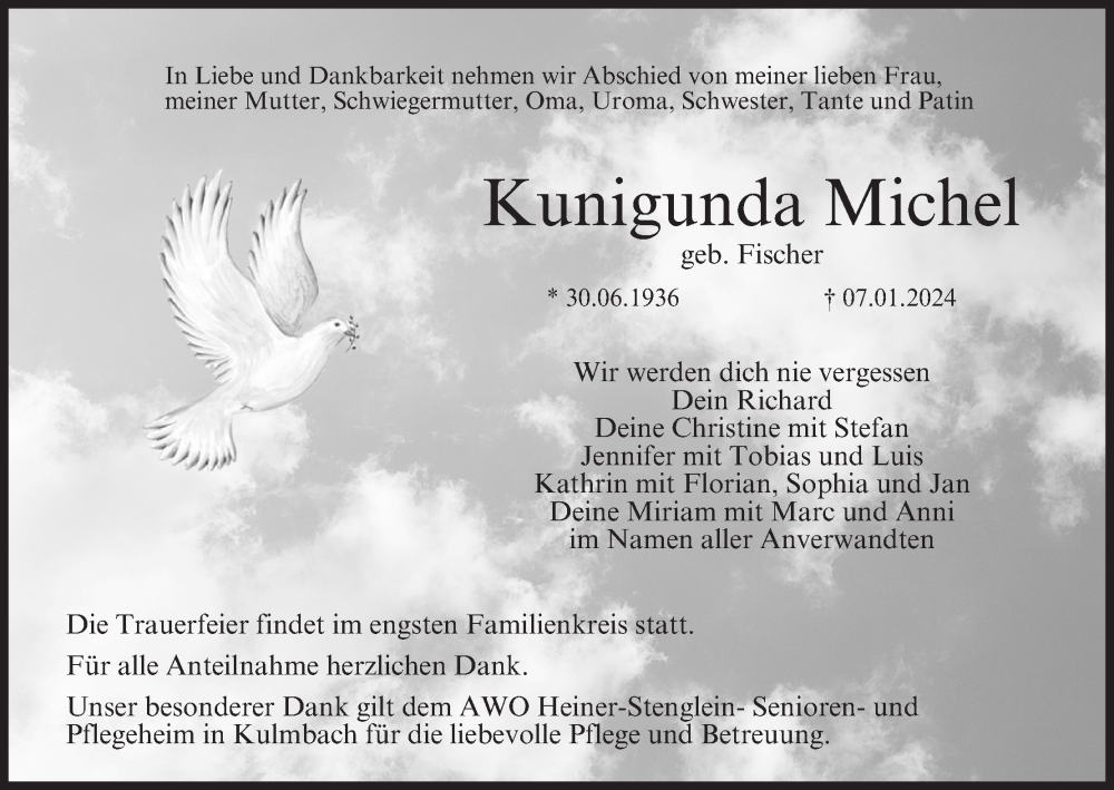  Traueranzeige für Kunigunda Michel vom 11.01.2024 aus MGO