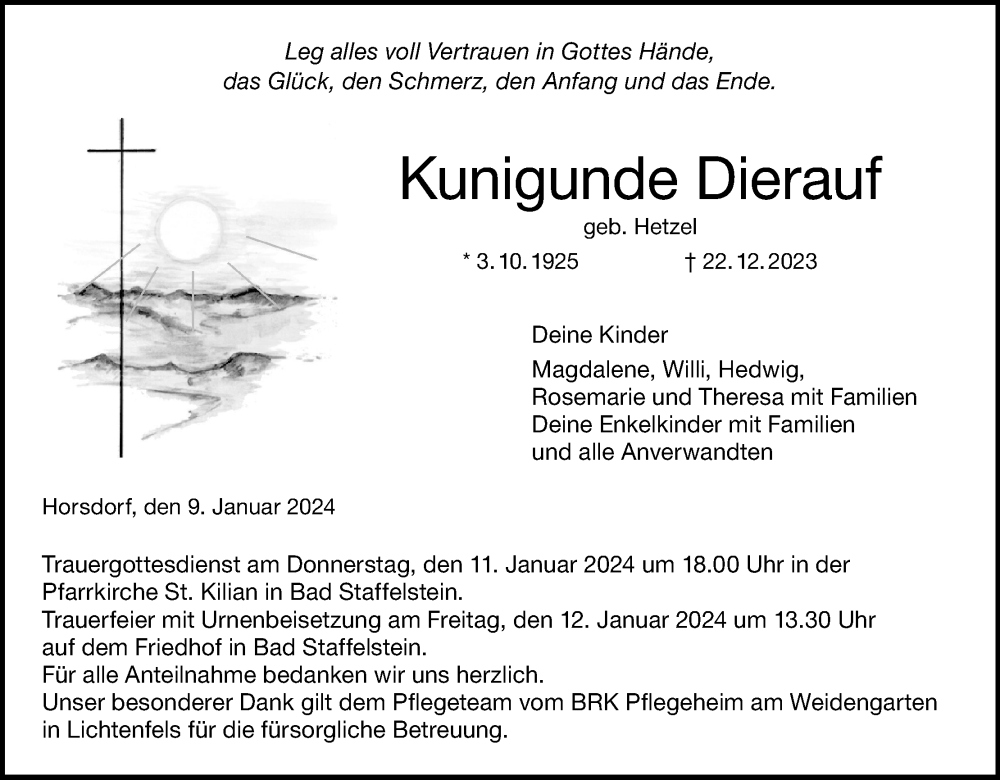  Traueranzeige für Kunigunde Dierauf vom 09.01.2024 aus MGO