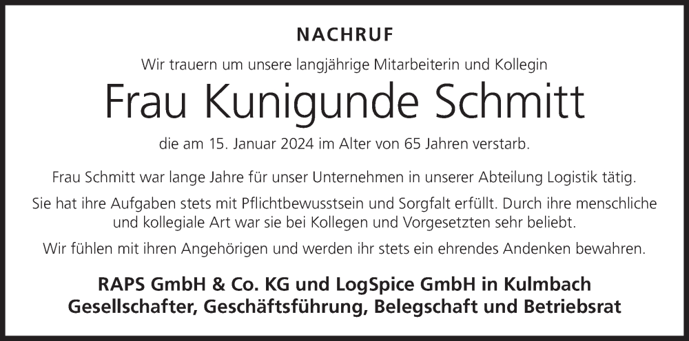  Traueranzeige für Kunigunde Schmitt vom 27.01.2024 aus MGO