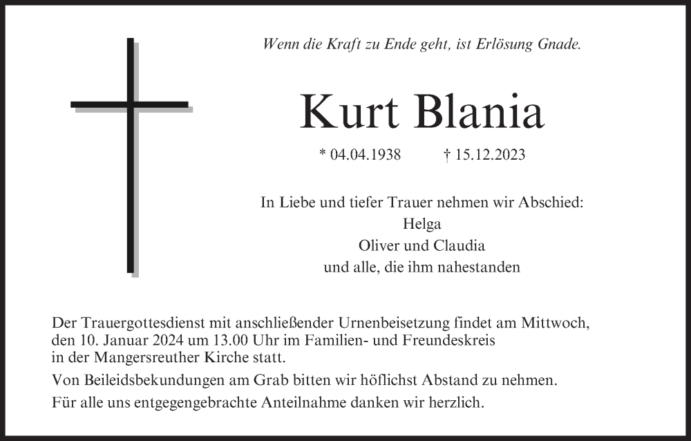  Traueranzeige für Kurt Blania vom 05.01.2024 aus MGO