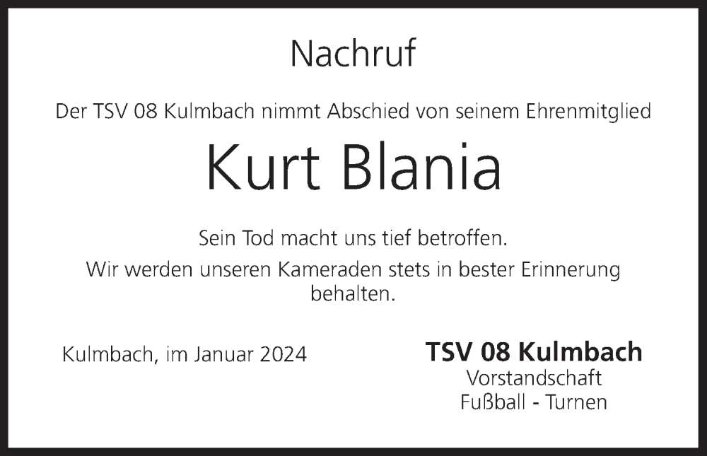  Traueranzeige für Kurt Blania vom 10.01.2024 aus MGO