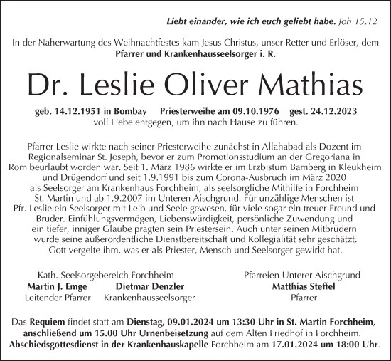 Anzeige von Leslie Oliver Mathias von MGO