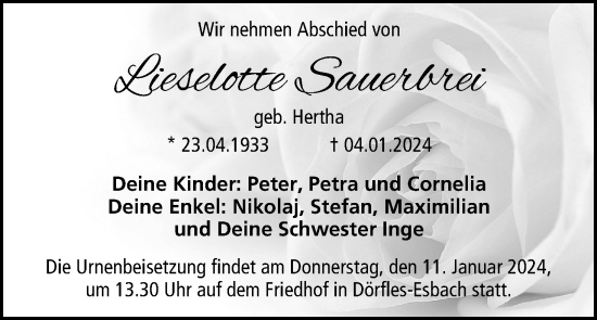 Anzeige von Lieselotte Sauerbrei von MGO