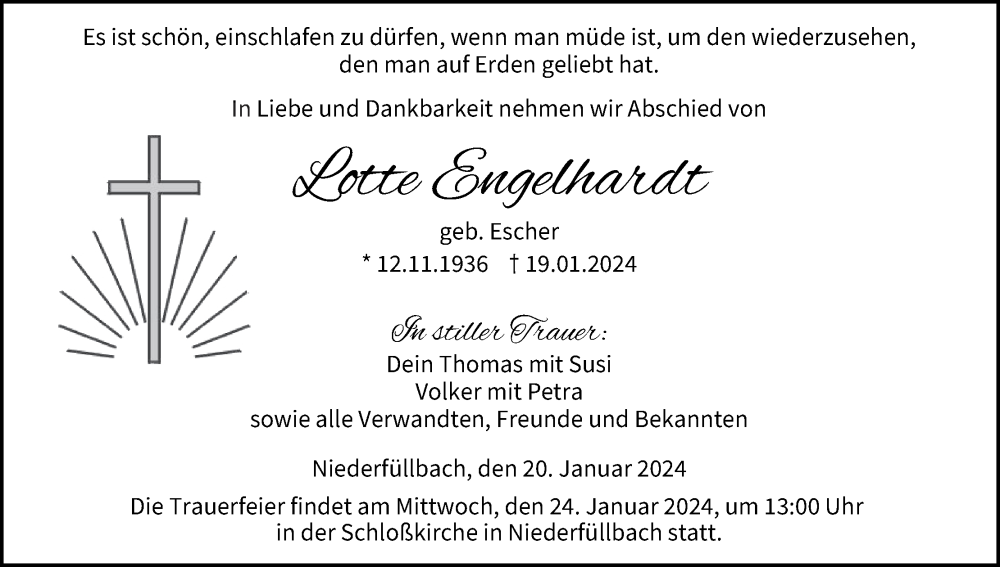  Traueranzeige für Lotte Engelhardt vom 20.01.2024 aus MGO