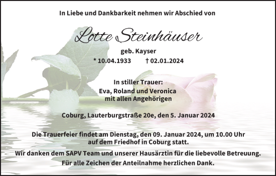Anzeige von Lotte Steinhäuser von MGO