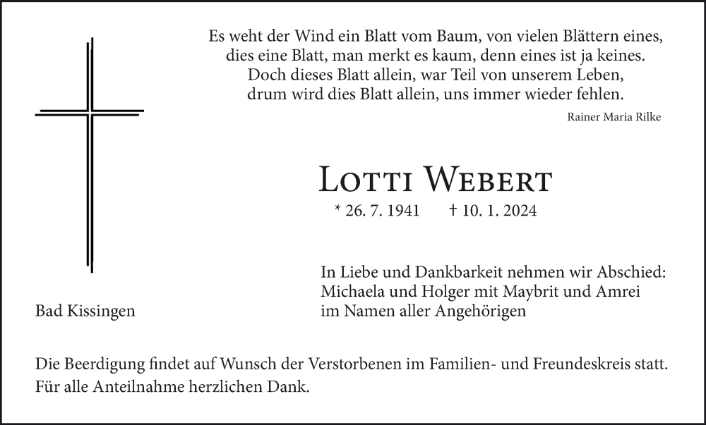  Traueranzeige für Lotti Webert vom 13.01.2024 aus MGO