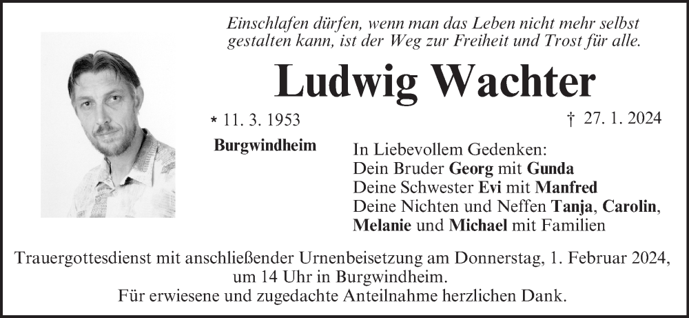  Traueranzeige für Ludwig Wachter vom 30.01.2024 aus MGO